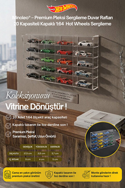 Minoleo Kapaklı Pleksi 1/64 Hot Wheels Diecast Model 20 Araç