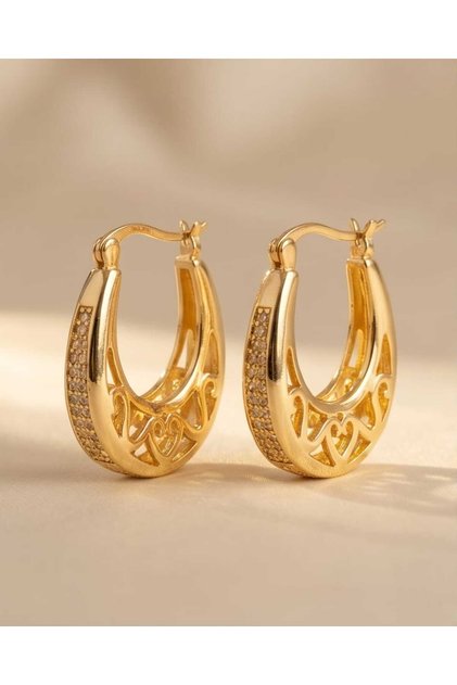 Küpe LUXE Seri Dantel Halka Altın Renk Kaplama Taşlı + Hediye Paket