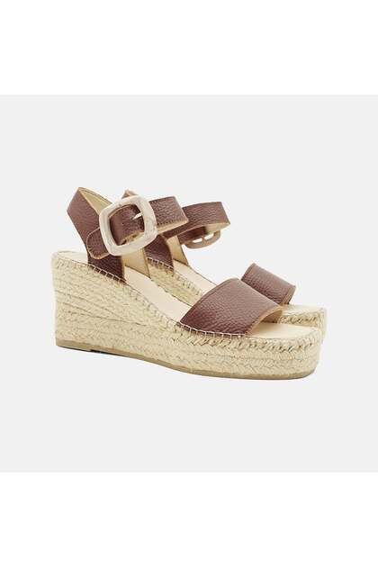 Women's Brown Bone Buckle Wedge Heeled Leather Sandals