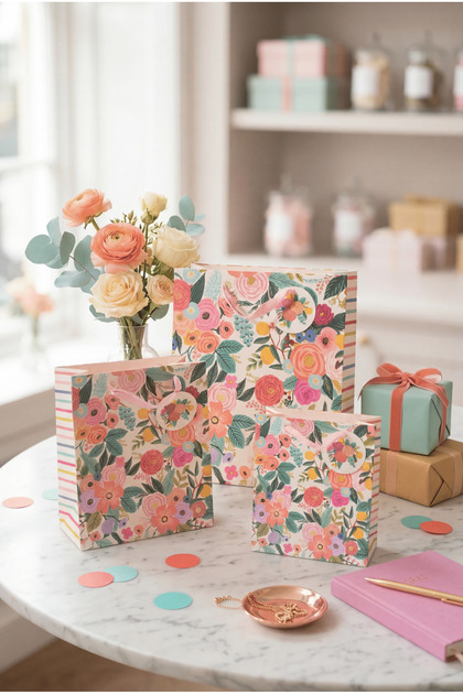 Pembe Çiçek Desenli Özel Tasarım Karton Hediye Çantası Seti - 3'lü SET
