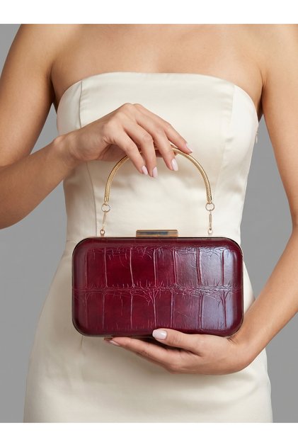 Bordo Renk Altın Detaylı Kalın Kroko Desenli Kadın Abiye Çanta Düğün Nişan Mezuniyet
