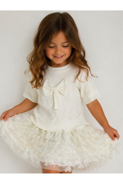 Girl's Ecru 2-Piece Bowknot Daisy Lined Skirt Top-Down Set