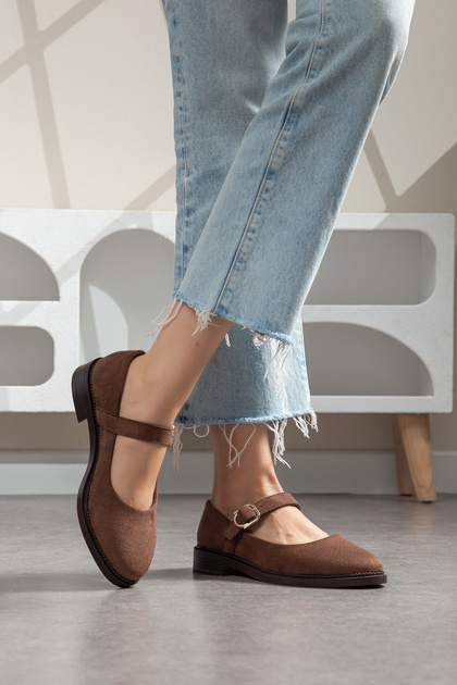 Women's Brown Suede Single Strap Mary Jane Shoes - Casual & Classic Ballerinas