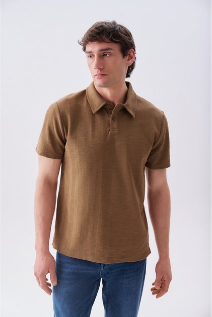 Erkek Kahverengi Çizgili Polo Yaka T-Shirt
