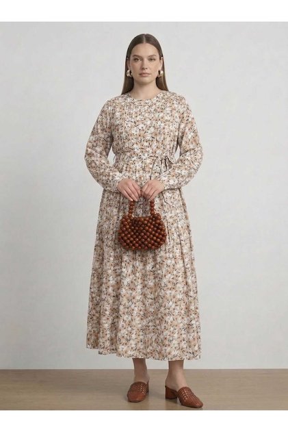 Plus Size Crispy Floral Patterned Dress - Beige Floral - Alia