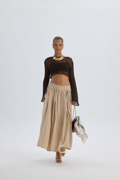 Aninas Elastic Waist Detail Beige Midi Skirt