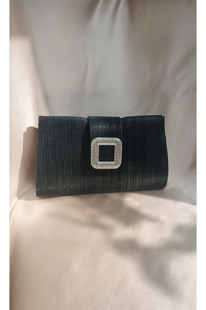 Women's Black Patterned Stone Buckle Detailed Special Design Wedding Engagement Event Portfolio Clutch Evening Dress Bag