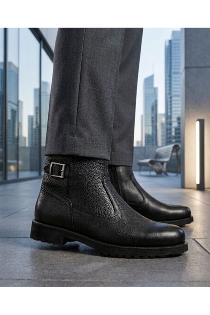 Men's Black Genuine Leather Fur-Trimmed Casual Daily Rubber Buckled Zippered Comfortable Winter Boots Shoes