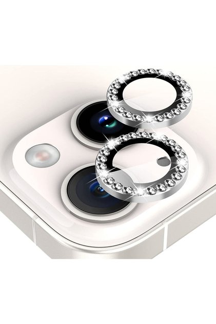 iPhone 14/14 Plus & 15/15 Plus & 16E/17E Parlak Taşlı Kamera Lens Koruyucu Temperli Cam Taşlı Gümüş 2'li