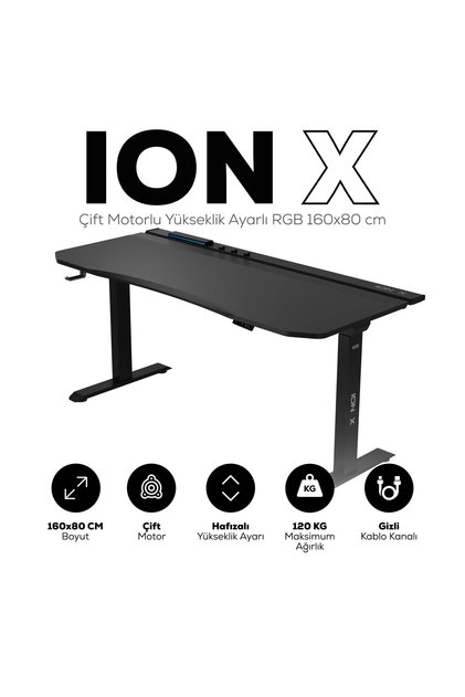 ION X Çift Motorlu Yükseklik Ayarlı RGB 160x80 Siyah Renk Çalışma ve Oyuncu Masası