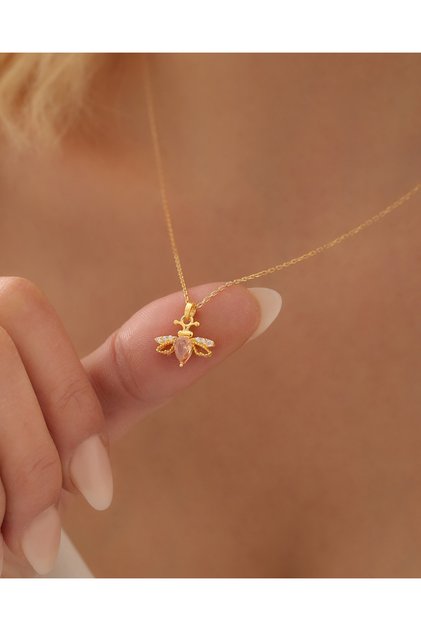 925 Ayar Gümüş Gold Kaplama Zirkon Taşlı Arı Kolye