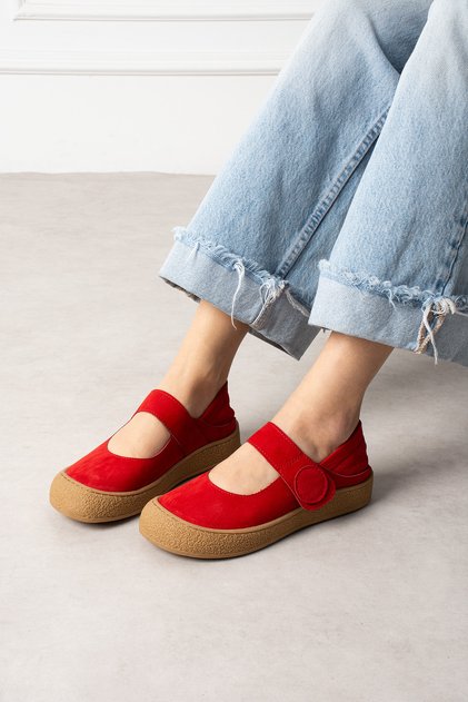 Women's Red Loafer Real Leather Orthopedic Casual Shoes – Velcro Comfortable Sole Elsan