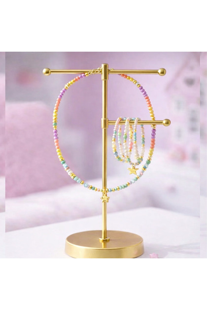 Girl's Colorful Crystal Bead Detailed Necklace & Bracelet Set – Star and Figure Design