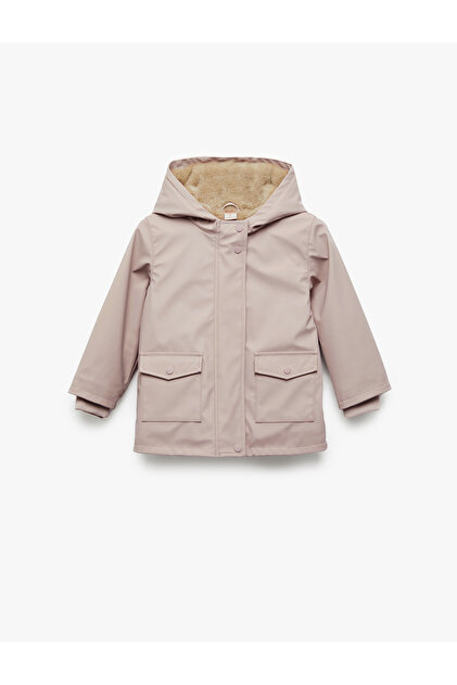 Long Sleeve Hooded Coat with Plush Detailed Flap Pockets