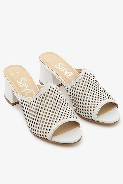 White Genuine Leather Perforated Women's Heeled Slippers