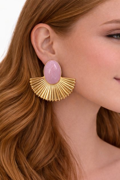 Gold Color Pearlescent Enamel Fan Oval Stone Stud Earrings (6Cm*5Cm)