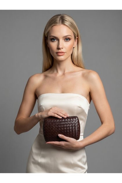 Brown Silver Detailed Hand-Woven Leather Special Series Women's Evening Dress Bag