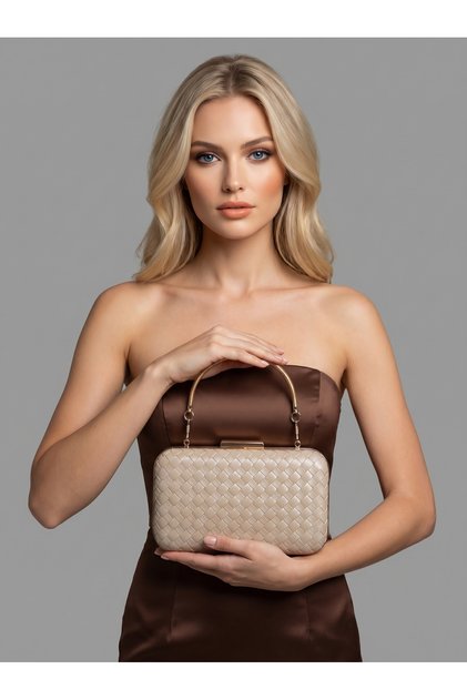 Beige Color Gold Detailed Hand-Woven Leather Special Series Women's Evening Dress Bag