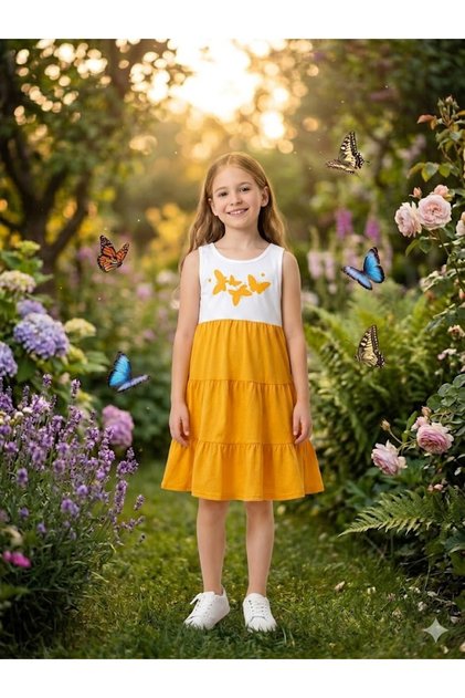 Girl's Summer Layered Skirt Dress Anti-Sweat Cotton Butterfly Orange