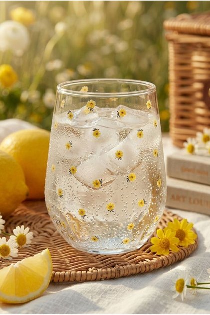 CAGA Pinterest 4'lü Ayçiçeği Desenli Cam Su Bardağı Seti 350 ML Hediyelik Dekoratif Bardak