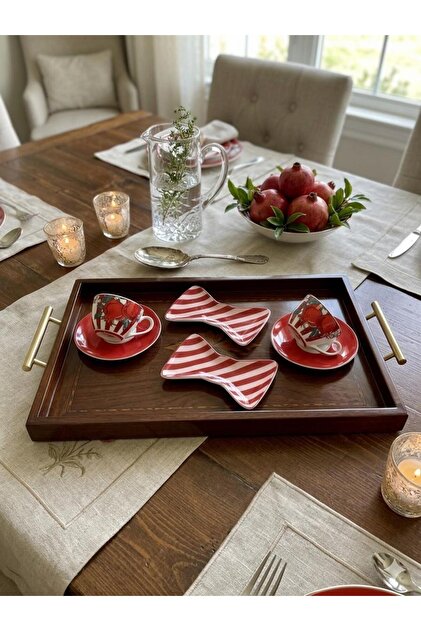 Narlı Porcelain 2-Person Cup Set with Turkish Delight Cups Tkebt Red