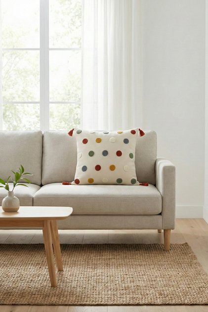Decorative Polka Dot Patterned Punch Embroidered Tasseled Hidden Zipper Throw Pillow Cover 42X42Cm