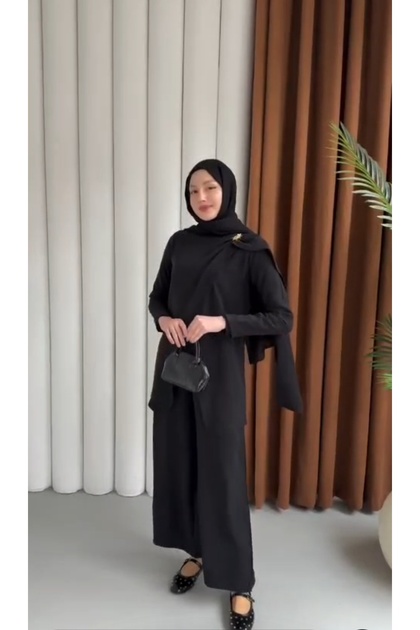 Crew Neck Buckle Tie Detail Tunic and Elastic Waist Pants Two-Piece Set