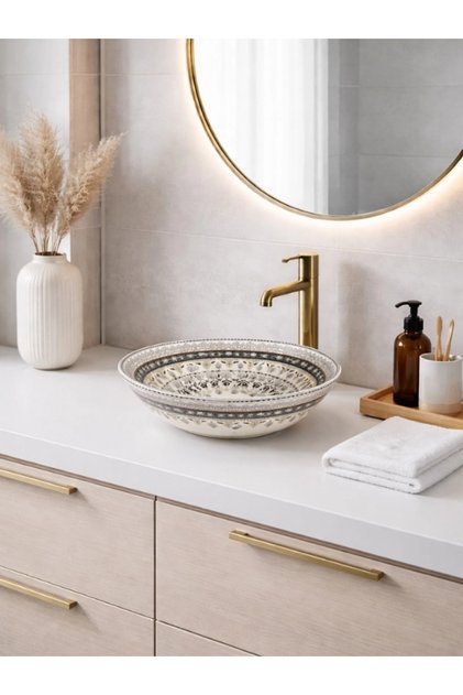 Seramik Çini Desenli Çanak Lavabo Batarya Deliksiz 39.5*39.5*12.5CM