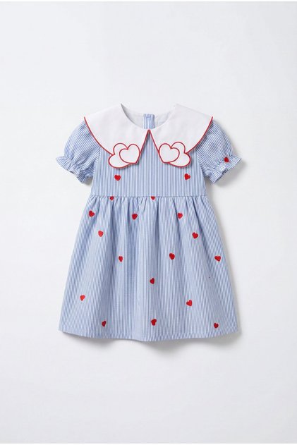 Girl's Cotton Blue Striped Heart Embroidered Collared Dress