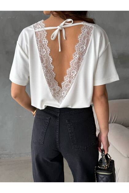 Back Lace Detail Tie-Up T-Shirt - Ecru Ekru