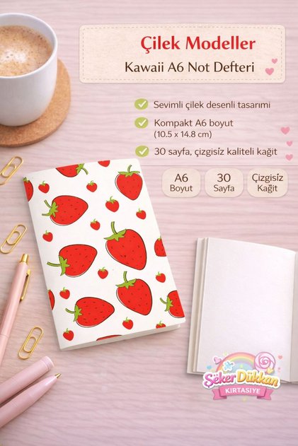 Çilek Temalı Çizgisiz Not Defteri