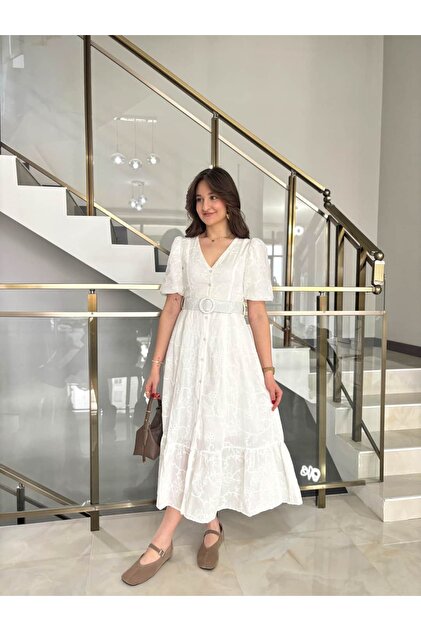 Sude Kzanlkl Ecru Floral Embroidered Belted Pinterest Dress- Trendyol
