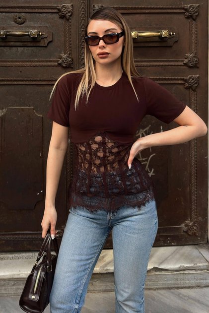 Brown Short Sleeve Lace Garnished Waist Cross Tie Women's Sandy Blouse