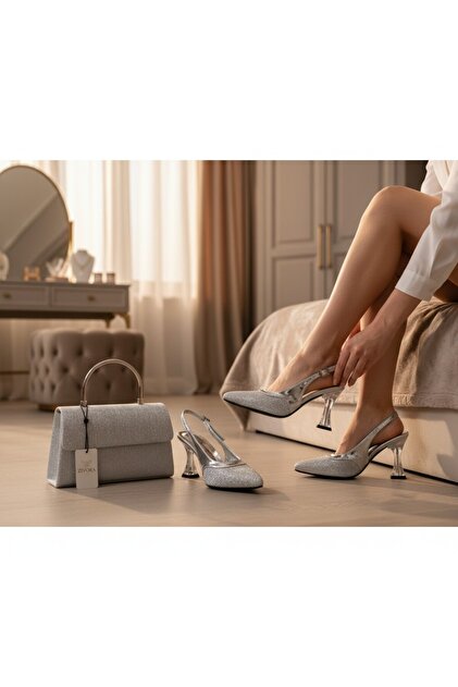 Women's Evening Dress Shoes, Glittery Metal Handle Bag Set – Transparent Heels, Knot Design, Engagement, Special Stylish Event Combination