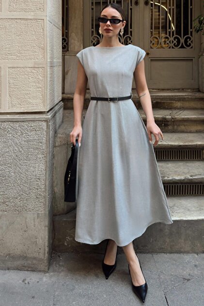 Swist Gray Boat Neck Padded Waist Belted Women's Midi Dress- Trendyol Swist Gray Boat Neck Padded Waist Belted Women's Midi Dress- Trendyol