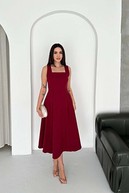 XXL BUTİK Women's Burgundy Square Neck Sleeveless Midi Length Summer Dress  Esr096- Trendyol