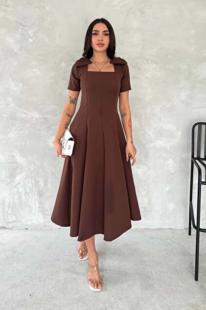 XXL BUTK Women's Brown Square Neck Collar Midi Dress Short Sleeve Esr098-  Trendyol