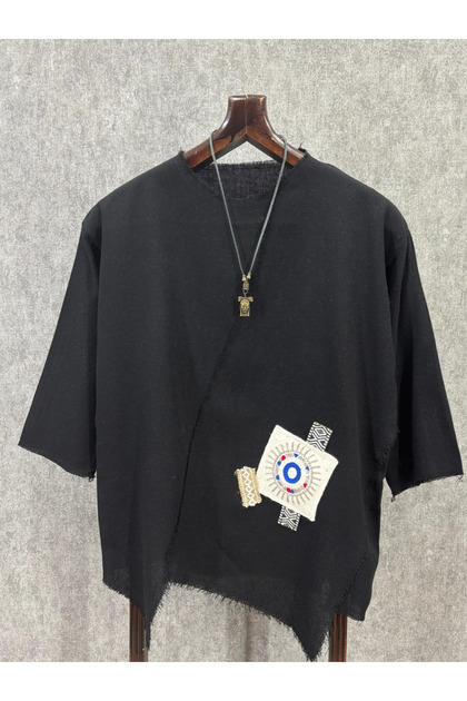 Super Oversize Asymmetrical Cut Dirty Stitching Bohemian Cotton Linen Black Tshirt