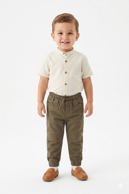 Baby Boy Khaki Cotton Gabardine Trousers with Elastic Cuffs