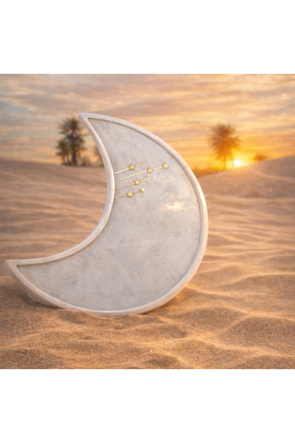 Crescent Marble Platter – Handcrafted White Marble with Brass & Mother-of-Pearl Inlay, 37 x 19 cm, Crescent-Shaped Cheese & Serving Board, Decorative Gift