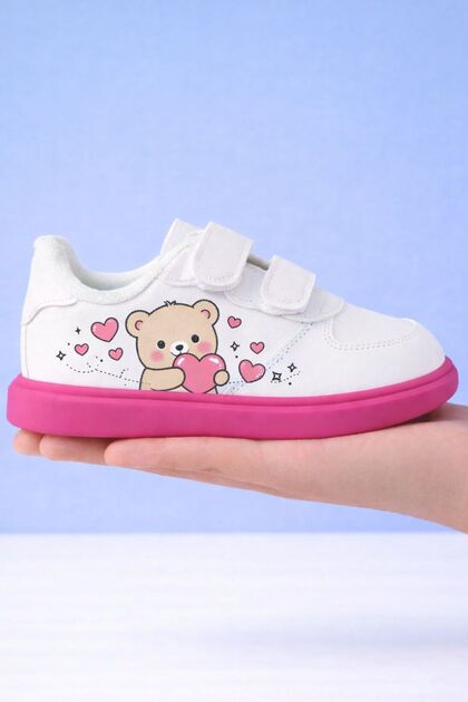 Animated Character Printed Girls' and Boys' Sports Shoes with Velcro Fasteners and White Sneaker Bands