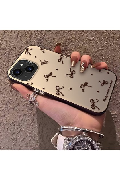 iPhone 14 Plus/15 Plus Compatible High-Quality Brown Bow and Dot Printed Case