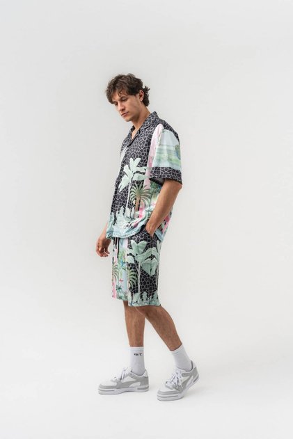 Paradise Patterned Short Sleeve Shirt and Elastic Waist Shorts Set