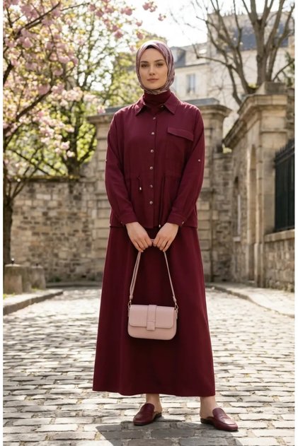 Buttoned Waist Tie Double Suit Set 0247-06 Claret Red