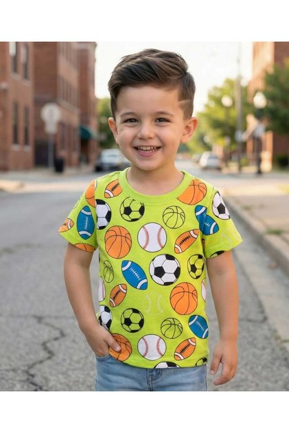 Knit Half Sleeves T-Shirt with Sports Ball Print - Light Green