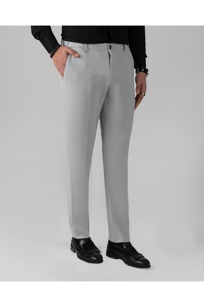 Italian Style Slim Fit Men's Trousers with Details Gray T13953