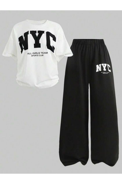 Girl's Summer Clothing Set: Nyc Printed White T-Shirt and Black Wide-Leg Sweatpants