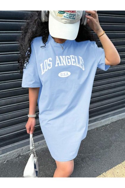 Girl's Baby Blue Los Angeles Printed T-Shirt-Dress