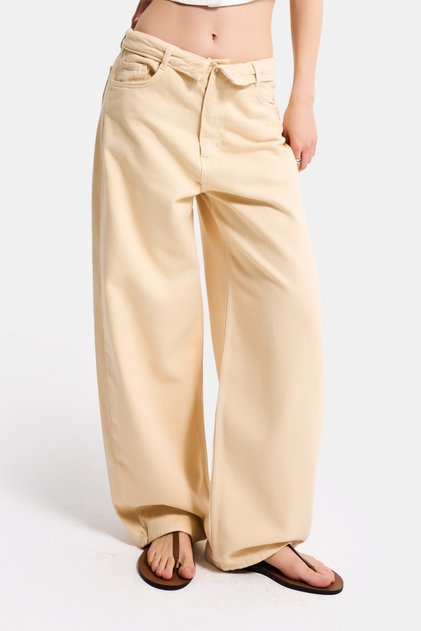 Women's Beige 6S6-57 Straight Fit Belt Detailed Special Design Denim Jeans