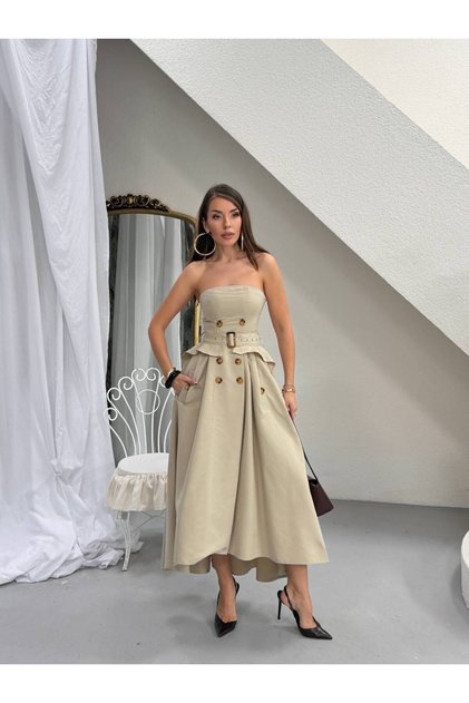 Premium Strapless Belt Detailed Midi Length Flared Dress Stylish Women's Design